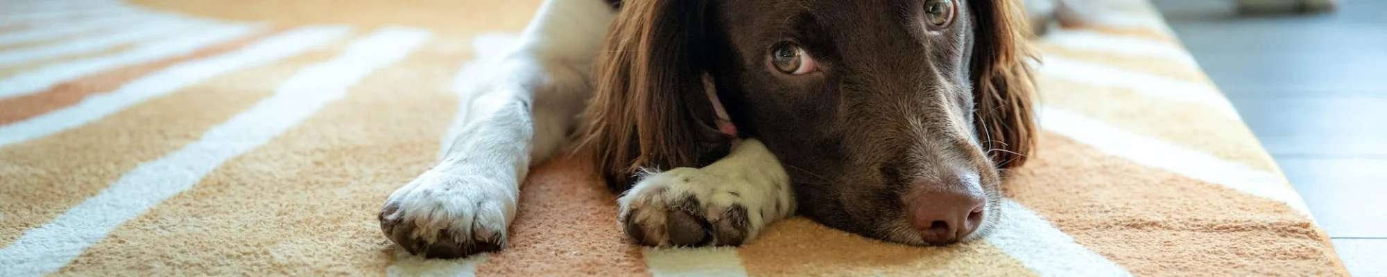 cute dog laying on stripped carpet